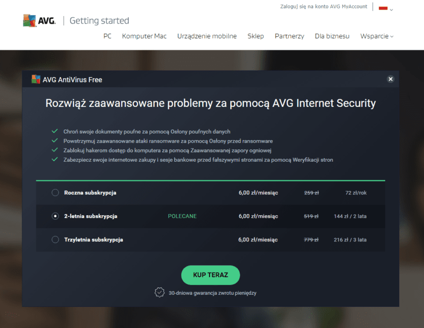 Propozycja wykupienia AVG Internet Security