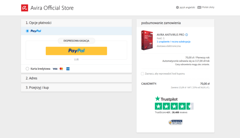 Płatność za antywirus Avira