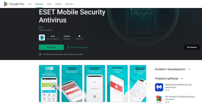 Eset Mobile Security Antivirus dla Androida w Google Play