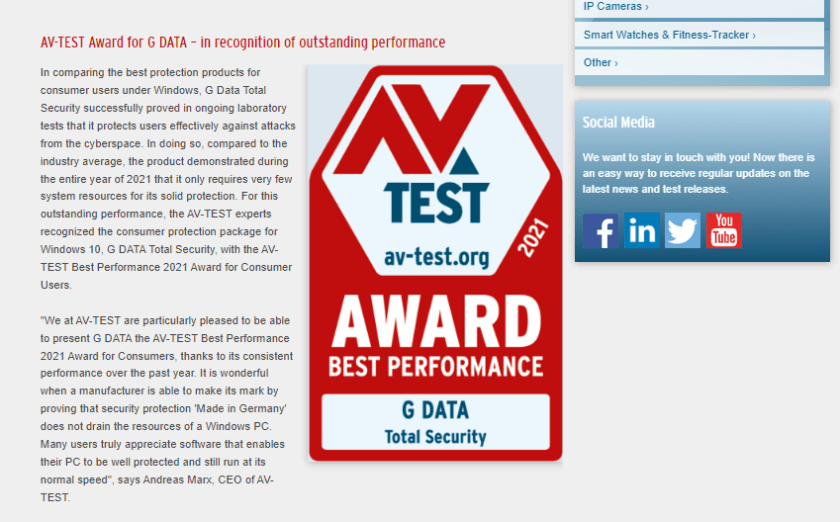 Nagroda AV Test za wydajność G Data