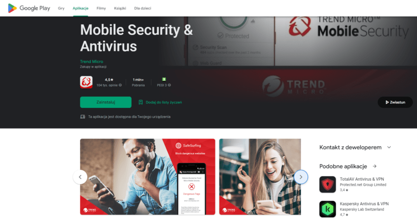 Trend Micro Mobile Security & Antivirus dla Androida w Google Play